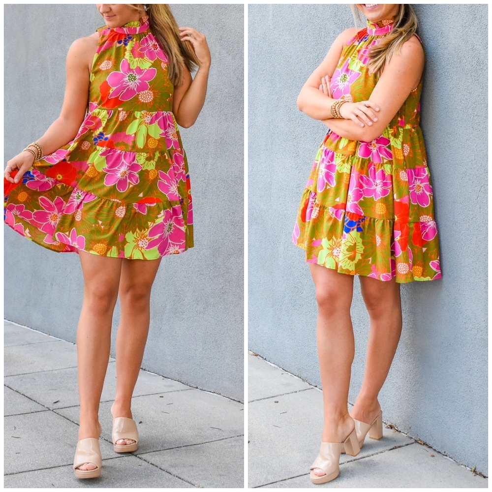 TCEC Floral Mock Neck Tiered Short Swing  Dress - Picture 5 of 8